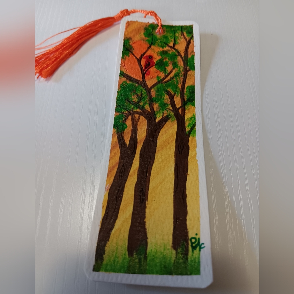 Hand-Painted Forest Bookmark with Cardinal